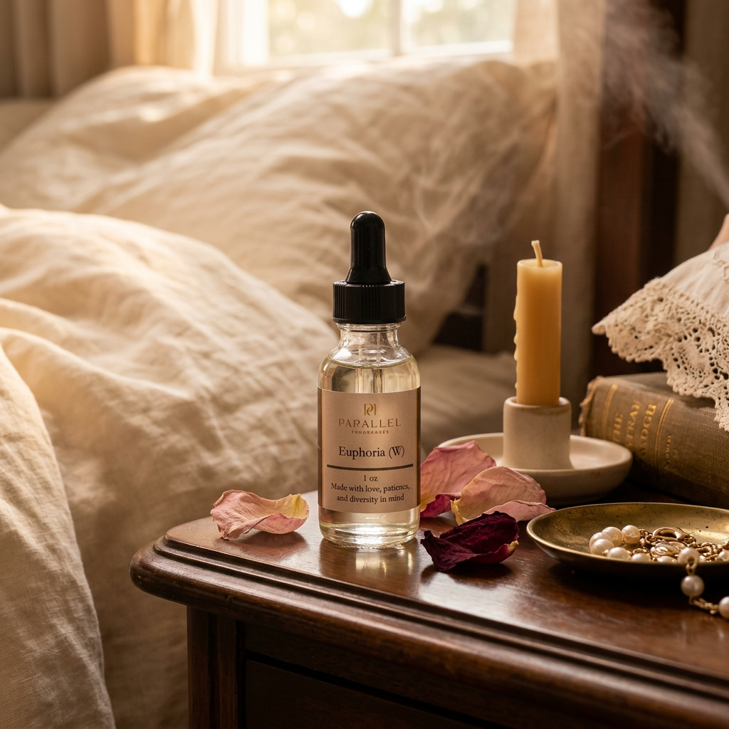 Bottle of 'Euphoria' oil on a wooden table with candles and flowers in a cozy room.